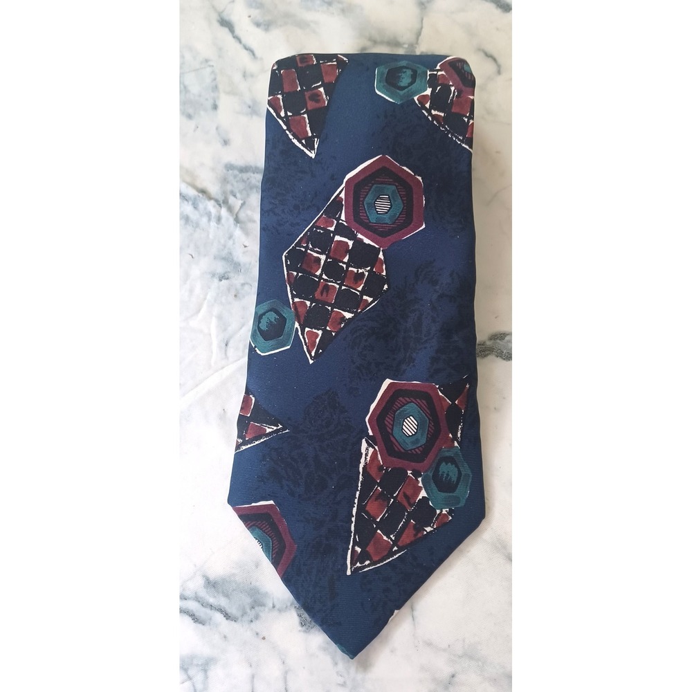 Don Loper Necktie Mens OS Navy Blue Excellent Vintage Geometric Italian Silk USA